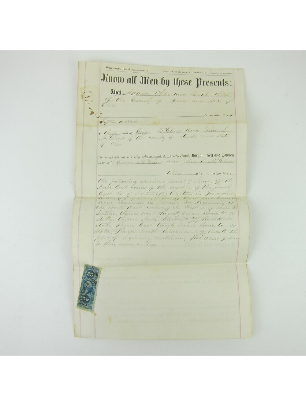 US Revenue Stamp 50 cent Scott R60 on Darke County Ohio Deed Ohler McClure 1867